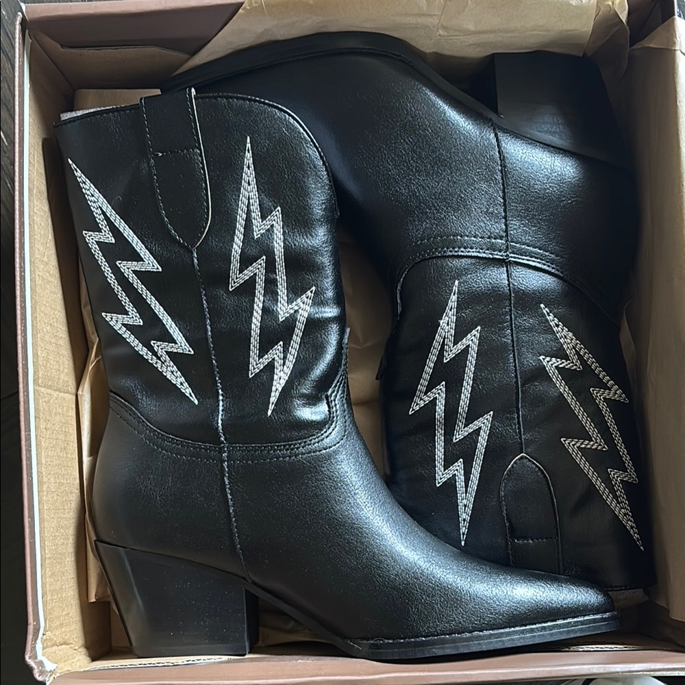 Sleek Black and Silver Lightning Heeled Boots